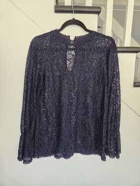 Zara Navy Floral Lace Long-Sleeve Blouse